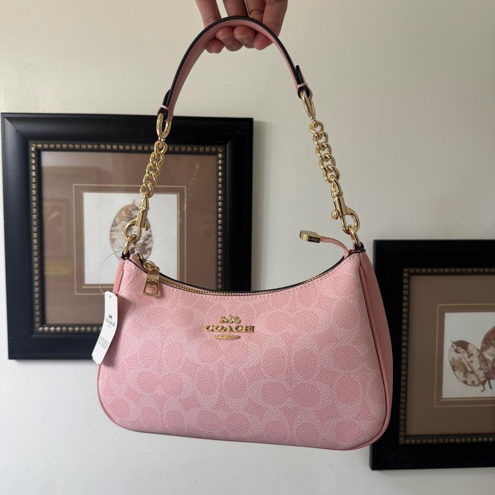 Coach Teri Shoulder Bag Powder Pink Signature Canvas Gold Chain CA209